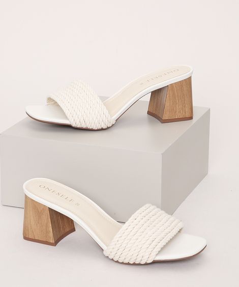 Tamanco Feminino Oneself com Cordas Salto Alto em Madeira Bege Claro