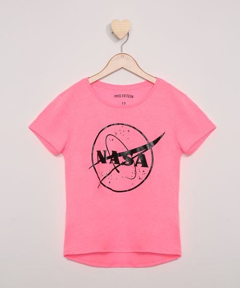 Blusa Juvenil NASA Emborrachado Manga Curta Rosa Neon