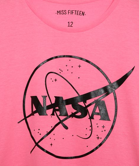 Blusa Juvenil NASA Emborrachado Manga Curta Rosa Neon