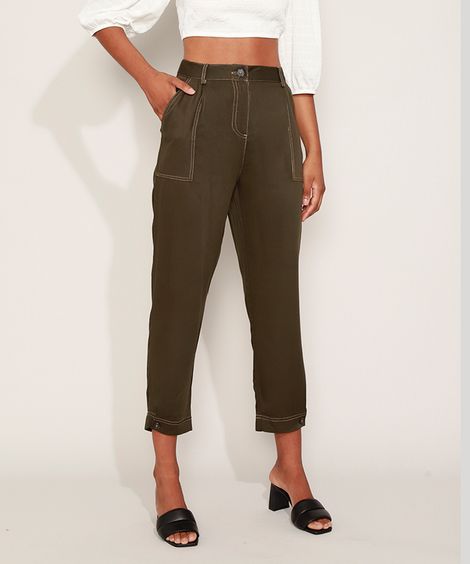 Calça Feminina Estampada Reta Cintura Alta com Bolsos Verde Militar