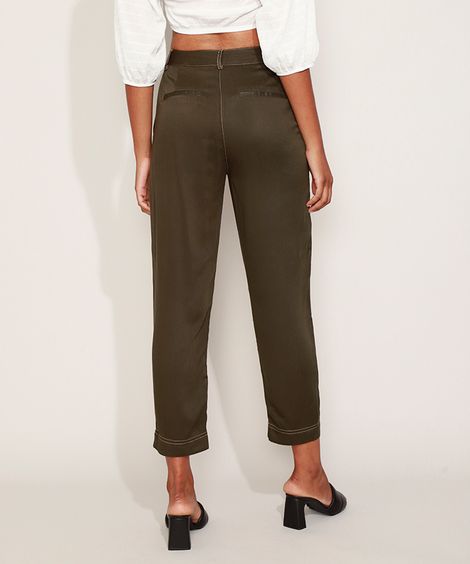 Calça Feminina Estampada Reta Cintura Alta com Bolsos Verde Militar