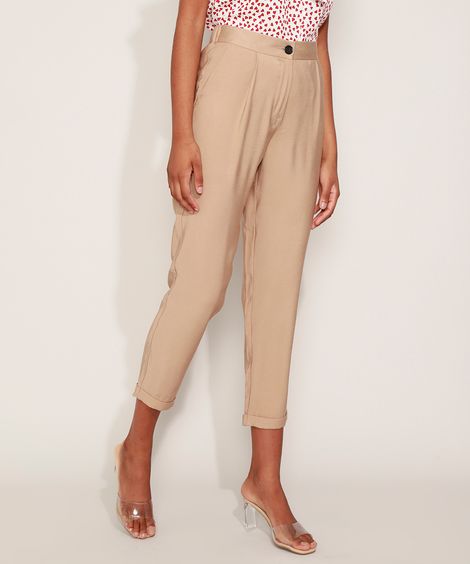 Calça Feminina Reta Cintura Alta com Pregas e Bolsos Kaki