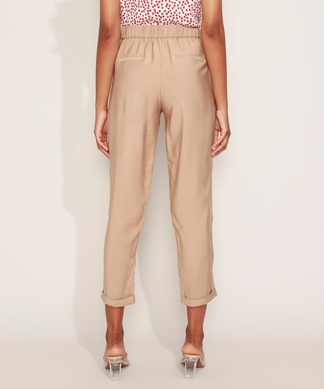 Calça Feminina Reta Cintura Alta com Pregas e Bolsos Kaki
