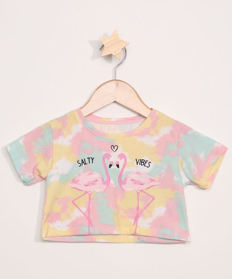 Blusa Cropped Infantil Estampada Tie Dye e Flamingos Manga Curta Rosa