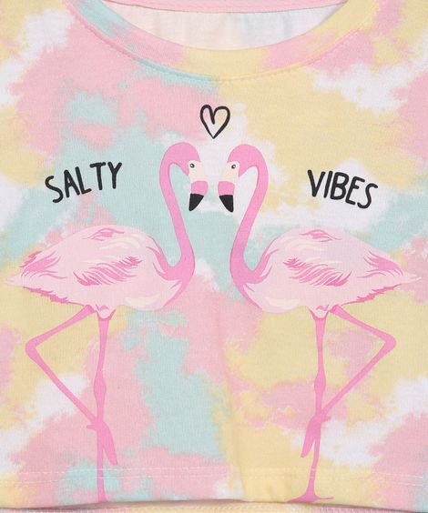 Blusa Cropped Infantil Estampada Tie Dye e Flamingos Manga Curta Rosa
