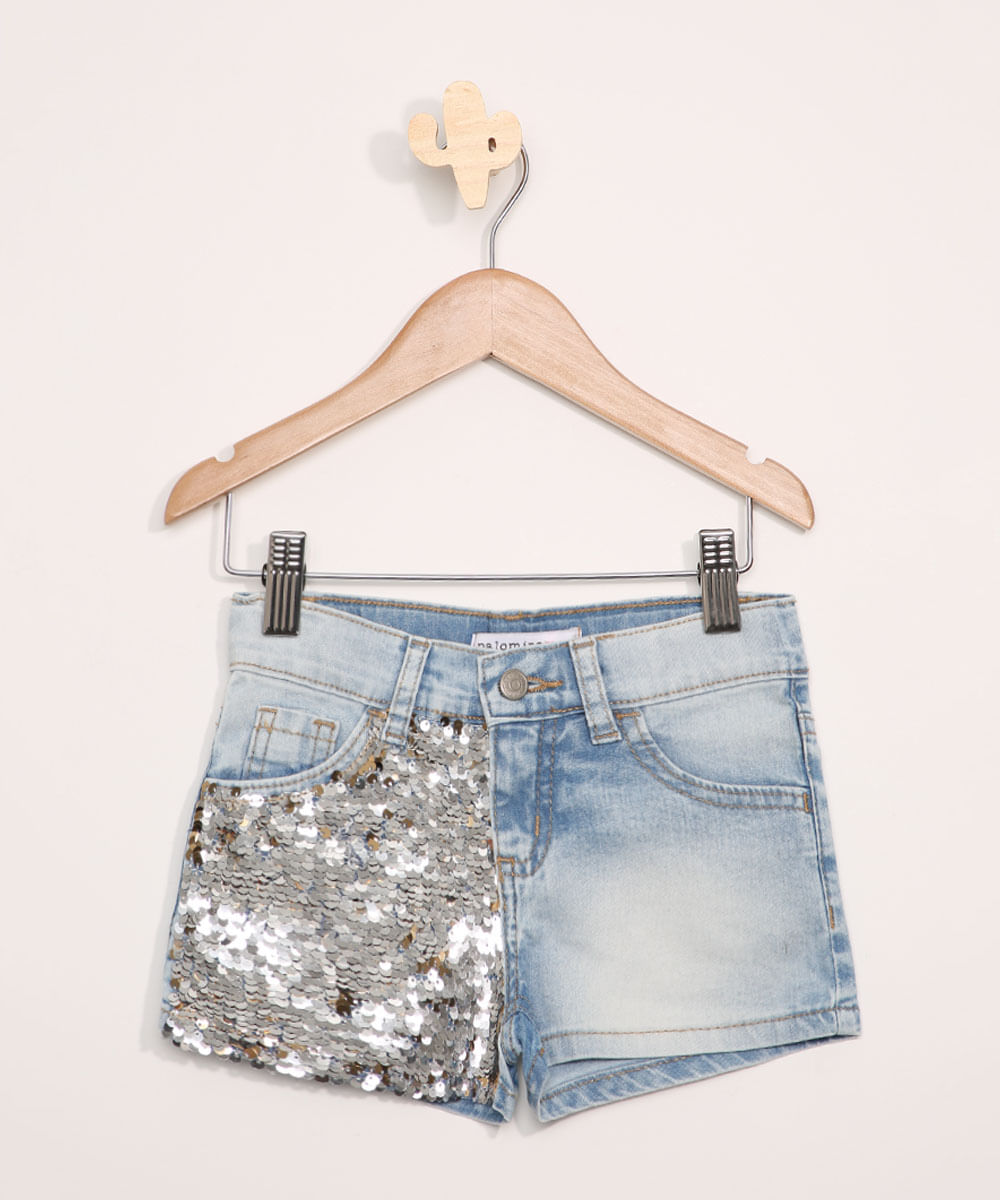 Short Jeans com Paetê Dupla Face e Bolsos Azul Claro Menor preço em Short Jeans com Paetê Dupla Face e Bolsos Azul Claro
