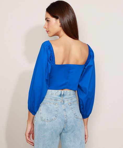 Blusa Feminina Mindset Cropped Manga 3/4 Decote Princesa Azul