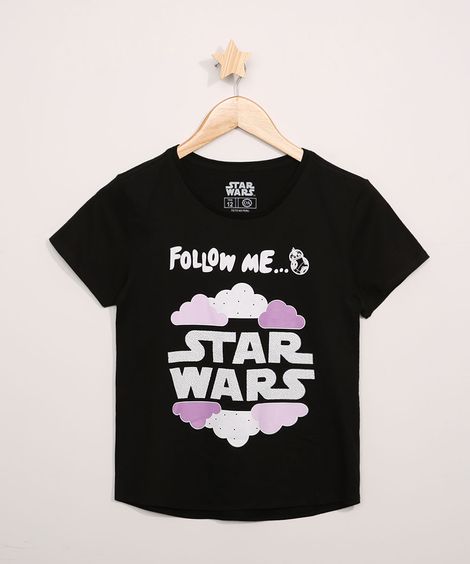 Blusa Juvenil Star Wars Manga Curta Preta