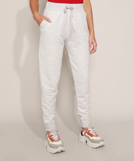Calça de Moletom Feminina Básica Cintura Alta com Cordão Cinza Mescla Claro