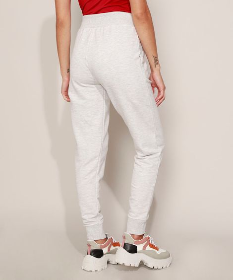Calça de Moletom Feminina Básica Cintura Alta com Cordão Cinza Mescla Claro