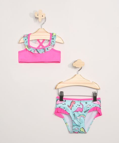 Biquíni Infantil Estampado de Dinossauro com Babado Proteção UV50+ Azul Claro