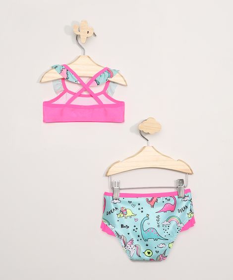 Biquíni Infantil Estampado de Dinossauro com Babado Proteção UV50+ Azul Claro