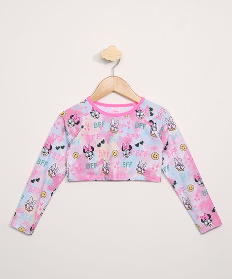 Blusa de Praia Infantil Cropped Minnie Estampado Manga Longa com Proteção UV50+ Rosa