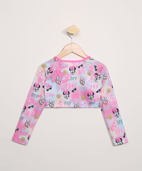 Blusa de Praia Infantil Cropped Minnie Estampado Manga Longa com Proteção UV50+ Rosa