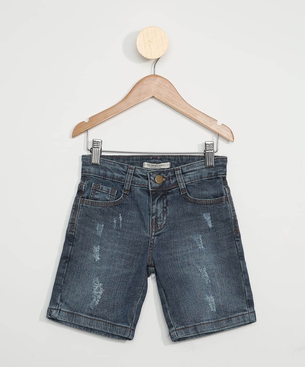 Bermuda Jeans Infantil Reta com Puídos Azul Médio Menor preço em Bermuda Jeans Infantil Reta com Puídos Azul Médio