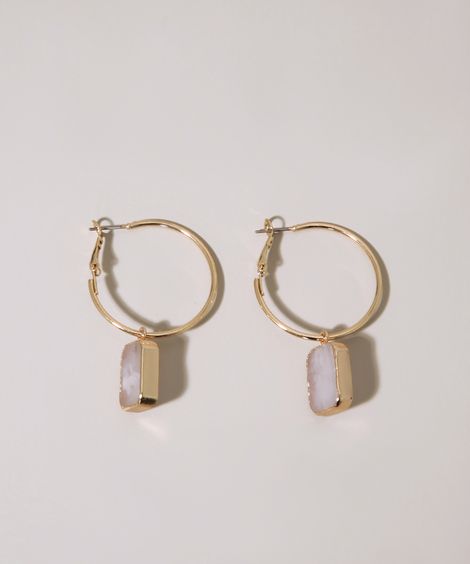 Brinco Feminino de Argola com Pingente Retangular Dourado