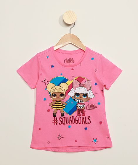 Blusa Infantil LOL Surprise Queen B e Diva com Glitter Manga Curta Rosa