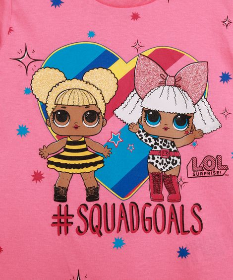 Blusa Infantil LOL Surprise Queen B e Diva com Glitter Manga Curta Rosa
