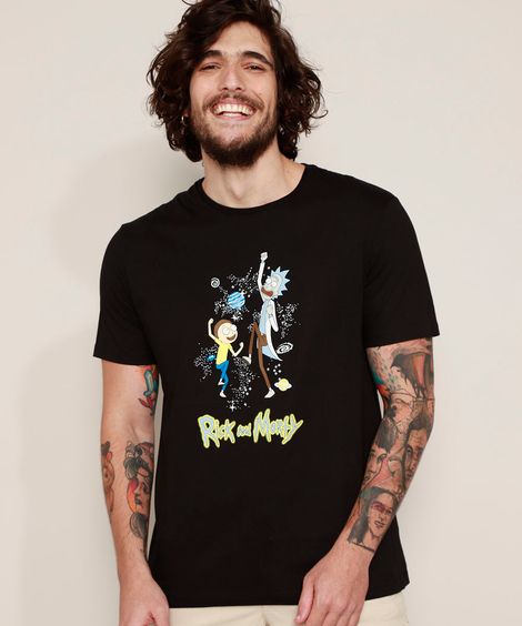 Camiseta Masculina Rick and Morty Manga Curta Gola Careca Preta