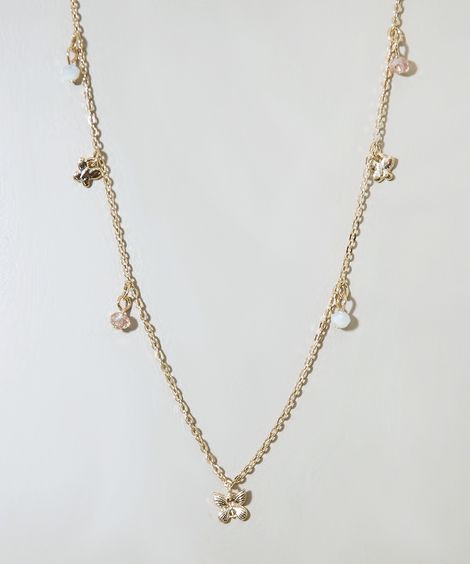 Colar Feminino com Pingentes de Borboleta e Miçangas Dourado