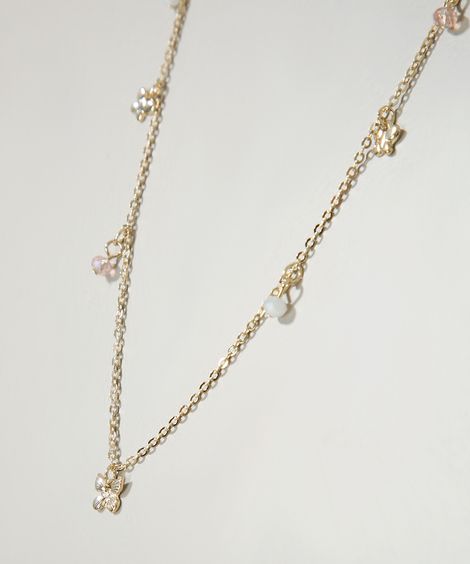 Colar Feminino com Pingentes de Borboleta e Miçangas Dourado
