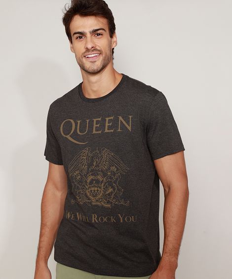 Camiseta Masculina de Banda Queen Manga Curta Gola Careca Cinza Mescla Escuro