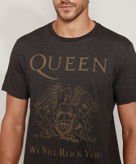 Camiseta Masculina de Banda Queen Manga Curta Gola Careca Cinza Mescla Escuro