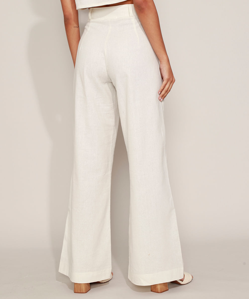 Calça Feminina Pantalona Cintura Alta Cut Out com Linho Off White