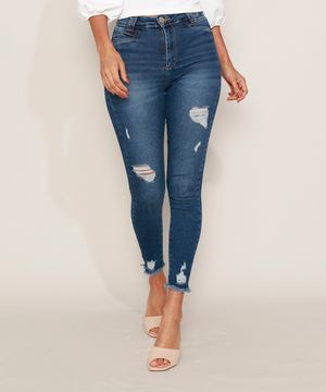 Calça Jeans Feminina Sawary Cigarrete Push Up Super Lipo Cintura Alta Destroyed Azul Escuro