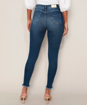 Calça Jeans Feminina Sawary Cigarrete Push Up Super Lipo Cintura Alta Destroyed Azul Escuro