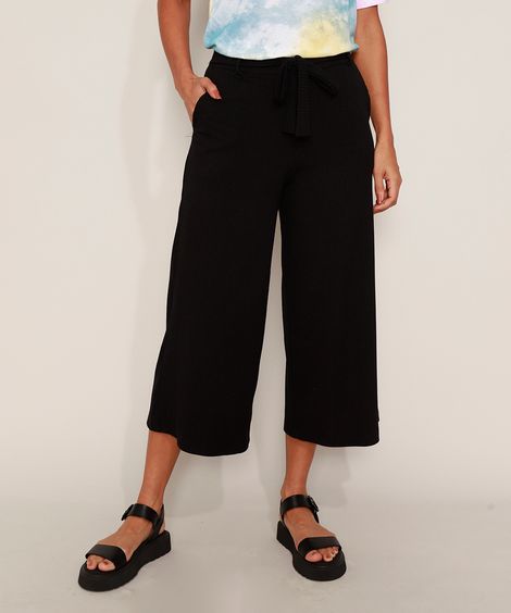 Calça Feminina Pantacourt Cintura Alta Canelada com Bolsos e Faixa para Amarrar Preta