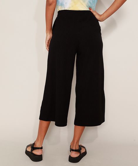 Calça Feminina Pantacourt Cintura Alta Canelada com Bolsos e Faixa para Amarrar Preta