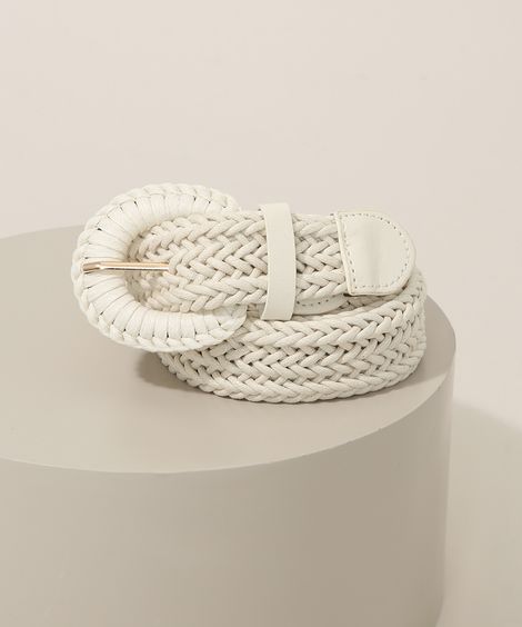 Cinto Feminino Largo Tressê com Fivela Redonda Off White
