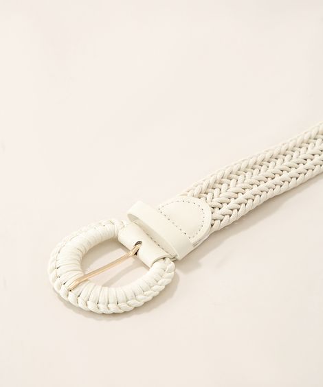 Cinto Feminino Largo Tressê com Fivela Redonda Off White