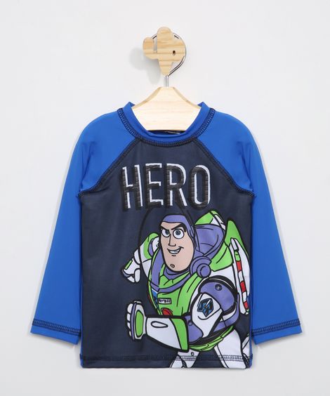 Blusa de Praia Infantil Raglan Toy Story Buzz Manga Longa com Proteção UV50+ Azul