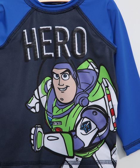 Blusa de Praia Infantil Raglan Toy Story Buzz Manga Longa com Proteção UV50+ Azul