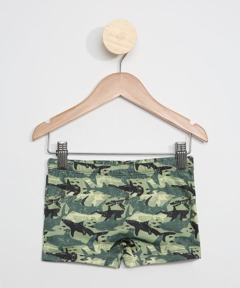 Sunga Infantil Boxer Estampada Camuflada Tubarões com Proteção UV50+ Verde