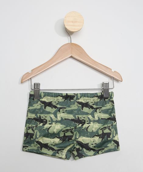 Sunga Infantil Boxer Estampada Camuflada Tubarões com Proteção UV50+ Verde
