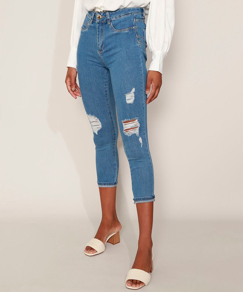 Calca-Jeans-Feminina-Sawary-Cropped-Super-Lipo-Cintura-Alta-Destroyed-com-Barra-Dobrada-Azul-Medio-9980180-Azul_Medio_1