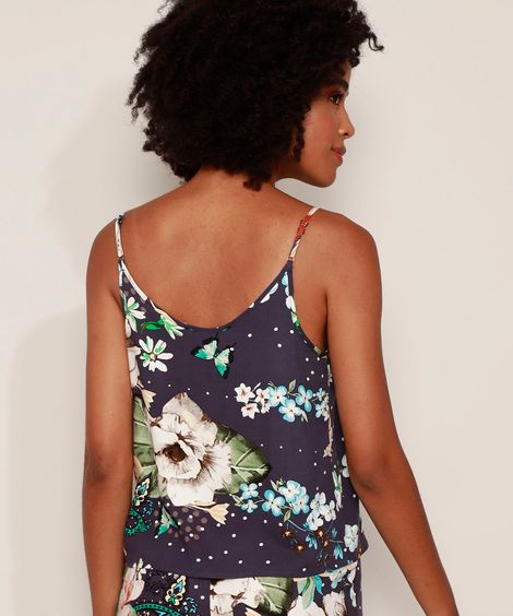 Regata Feminina Ampla Estampada Floral com Vazado Alça Fina Decote V Azul Marinho