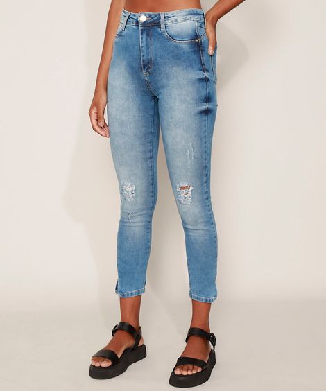 Calça Jeans Feminina Sawary Cigarrete Push Up Super Lipo Cintura Alta com Rasgos Azul Médio