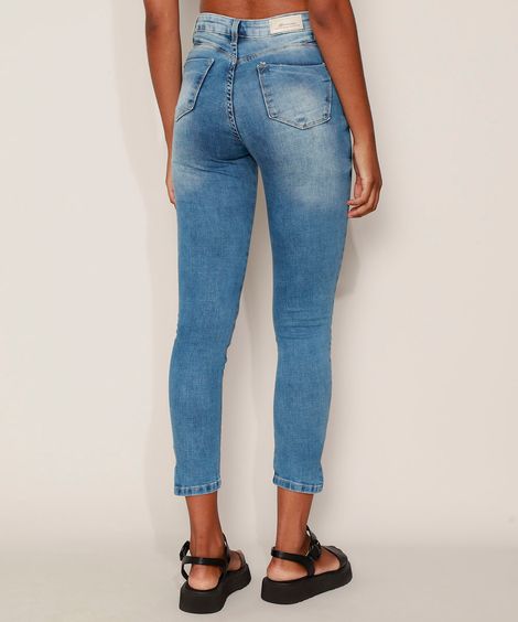 Calça Jeans Feminina Sawary Cigarrete Push Up Super Lipo Cintura Alta com Rasgos Azul Médio