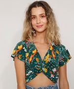 Blusa-Feminina-Cropped-Texturizada-Estampada-de-Arara-com-Torcido-Manga-Curta-Decote-V-Verde-Escuro-9976624-Verde_Escuro_1
