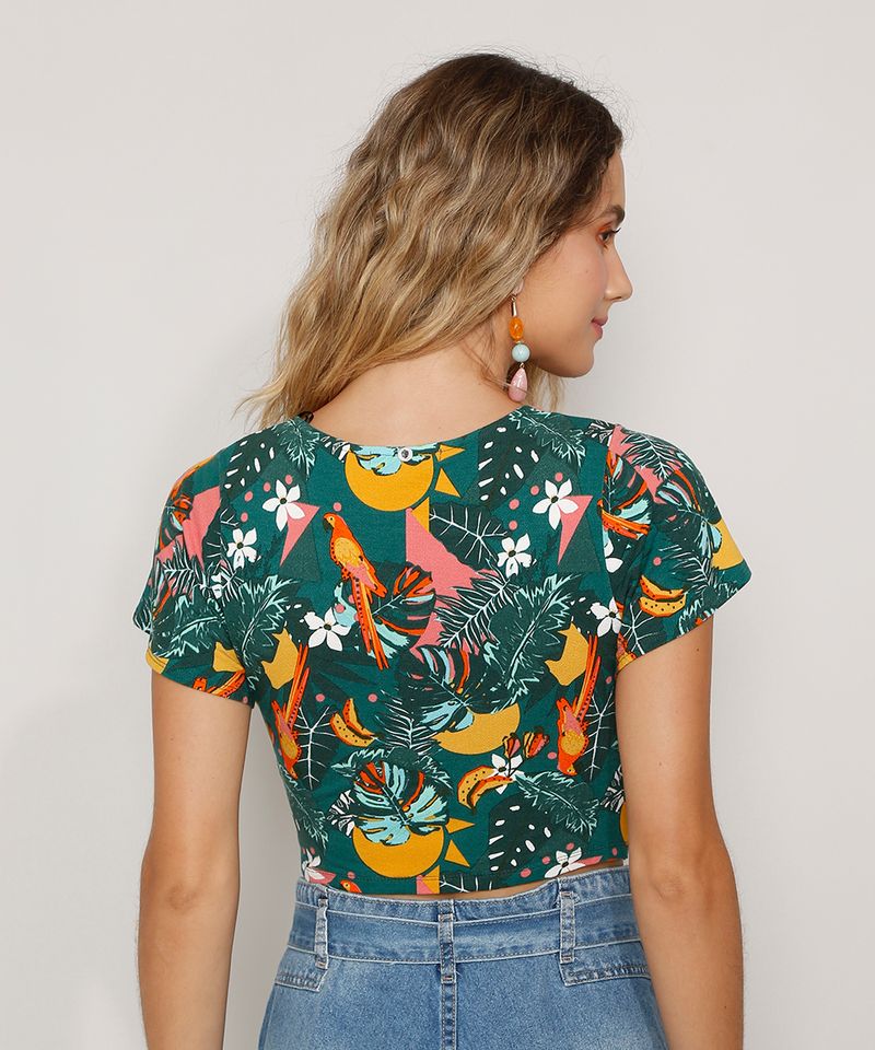 Blusa-Feminina-Cropped-Texturizada-Estampada-de-Arara-com-Torcido-Manga-Curta-Decote-V-Verde-Escuro-9976624-Verde_Escuro_3