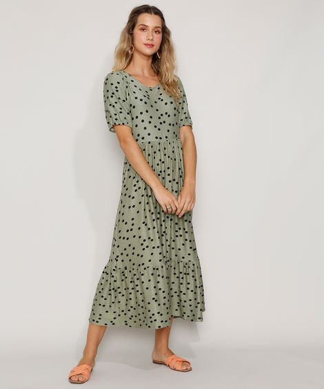 Vestido Feminino Midi Texturizado Estampado de Poá com Recortes Manga Curta Verde