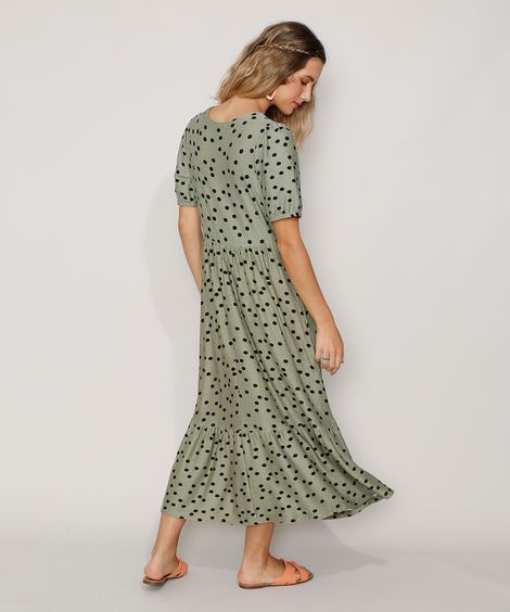 Vestido Feminino Midi Texturizado Estampado de Poá com Recortes Manga Curta Verde