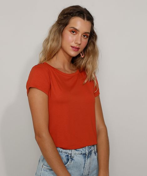 Camiseta Feminina Básica com Botões Manga Curta Decote Redondo Laranja