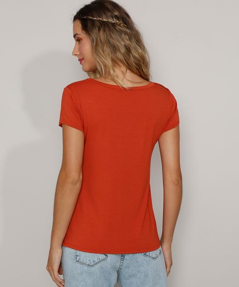 Camiseta Feminina Básica com Botões Manga Curta Decote Redondo Laranja