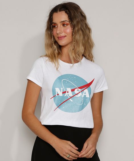 Camiseta Feminina NASA Manga Curta Decote Redondo Off White