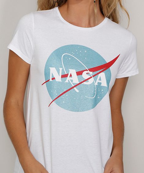 Camiseta Feminina NASA Manga Curta Decote Redondo Off White